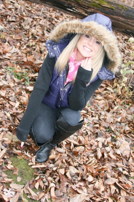 The woods on a frigid day prompts amateur girl Meet Madden to expose herself in a pink bra.