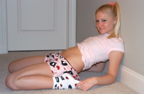 Young Looking Blonde Tiffany Slips Her Shorts Over Thong Panties In Cute Socks