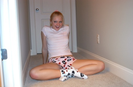 Young Looking Blonde Tiffany Slips Her Shorts Over Thong Panties In Cute Socks
