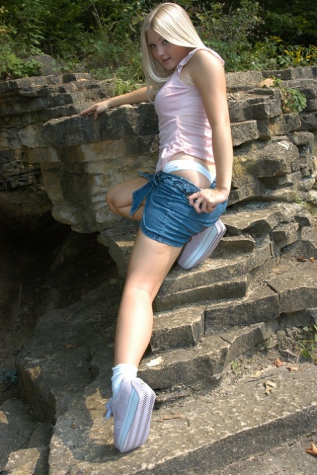 Charming Blonde Teen Tiffany Hikes Skirt Over Cotton Panties In The Forest