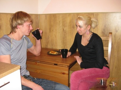 Blonde teen and her boyfriend fuck after taking coffee and sweets