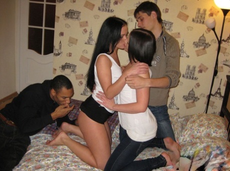 Young Brunettes Kiss During The Course Of A Foursome With Their Boyfriends