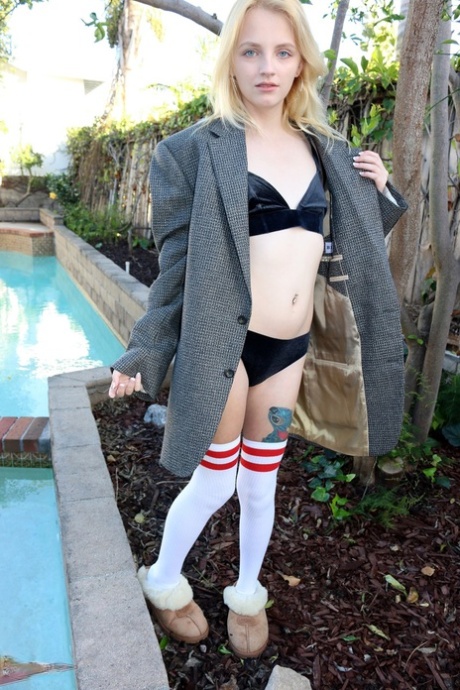 Blonde First Timer Kate Bloom Bares Her Ass And Twat By A Pool In OTK Socks