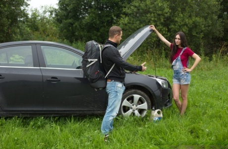 Barely legal girl with car trouble loses her virginity to a backpacker