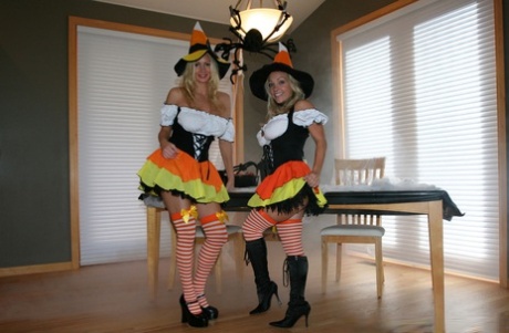Blonde Lesbians Sammy & Naughty Allie Have Sex While Wearing Halloween Outfits