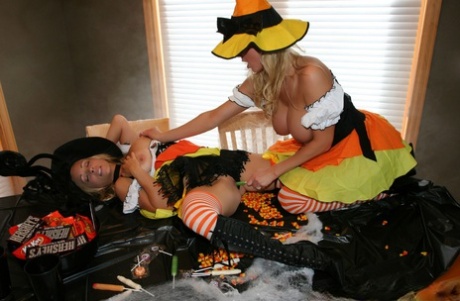 Blonde Lesbians Sammy & Naughty Allie Have Sex While Wearing Halloween Outfits