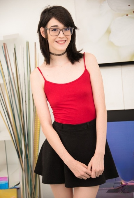 Cute Nerd Ivy Aura Bares Her Tiny Tits Before Getting Cum On Glasses From A BJ