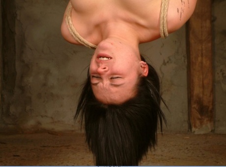 The naked woman has her breasts dipped in wax while hanging upside down.