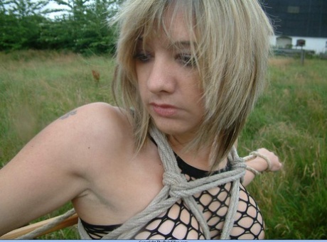 A strand of bottomless blonde is attached to an electric fence near a bar.