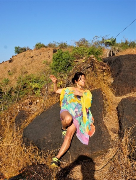 Older Lady Diana Ananta Exposes Herself During A Hike To A Shrine Atop A Cliff