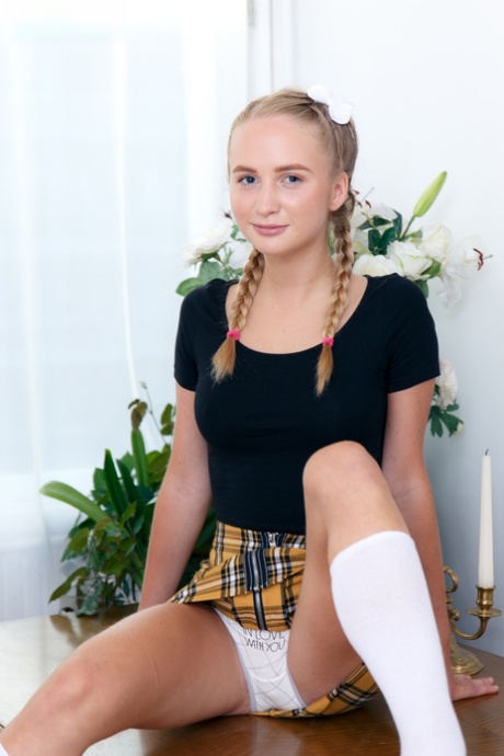 Young Looking Girl Exposes Her Tan Lined Body In White Schoolgirl Socks