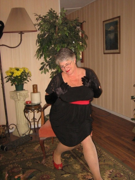 Saggy tits with old fat Girdle Goddess fondles and black velvet gloves and hose.