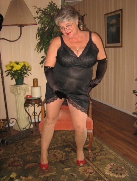 Old fatty Girdle Goddess fondles and black velvet gloves with hose to toe-shaped toys.