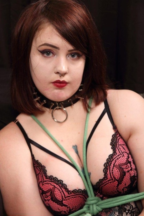 Overweight girl is tied up and cleave gagged in her pretties and slave collar