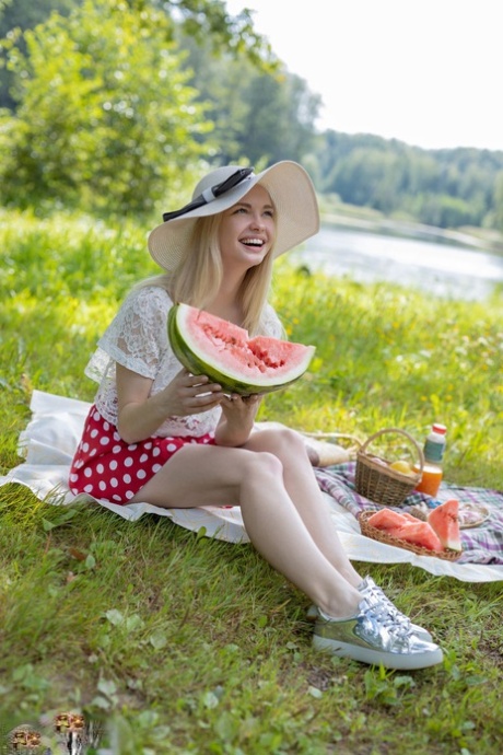Cute Teen Sophie Gets Totally Naked While Eating A Watermelon In A Meadow