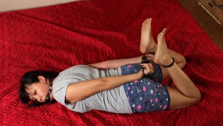 While being hog-tied and gagged, a girl with dark hair is placed face down on a bed.