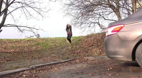 Caucasian Girl Esperansa Takes An Urgent Pee Behind A Parked Car