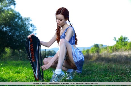 Young Redhead Sherice Pauses A Badminton Game To Show Her Tight Slit On Grass