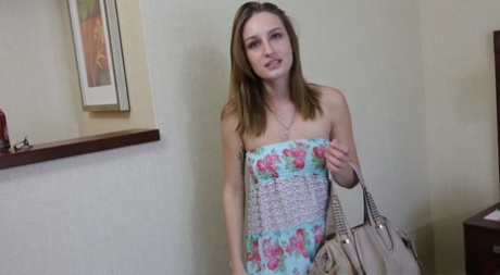 Maci Winslett, a petite amateur, receives a cumshot on her abdomen after having a frank injection.