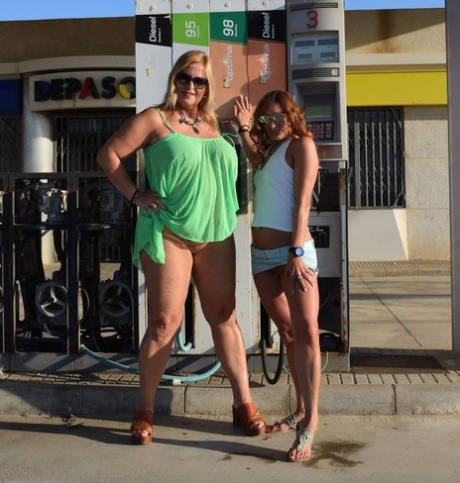 At a gas station, Chrissy, the skinny amateur, displays her chest and buttocks in an unconventional way.