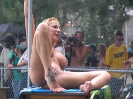 During a strip show at a clothing optional club, amateur girls strip down.