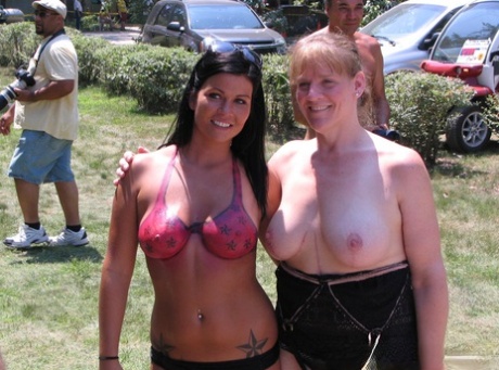 Amateurs, dressed in different outfits, can be seen at a clothing optional club.