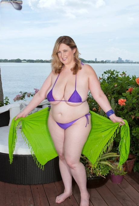 BBW Amiee Roberts Looses Her Huge Boobs From A Bikini On A Riverside Patio