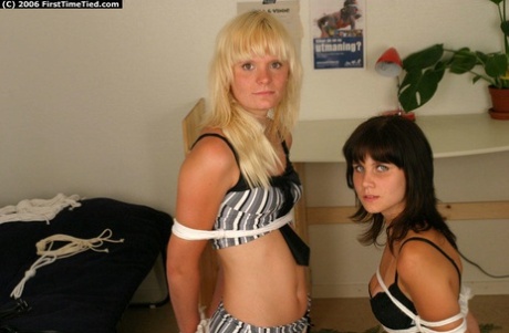White chicks find themselves ballgagged and roped tied in their underwear