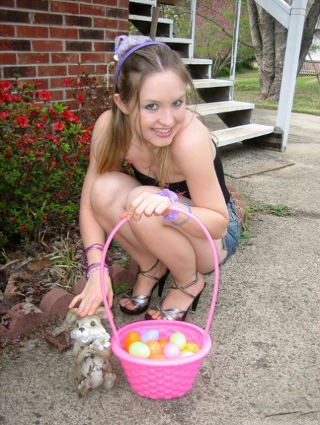 Charming Young Girl Exposes A Nipple While Collecting Easter Eggs