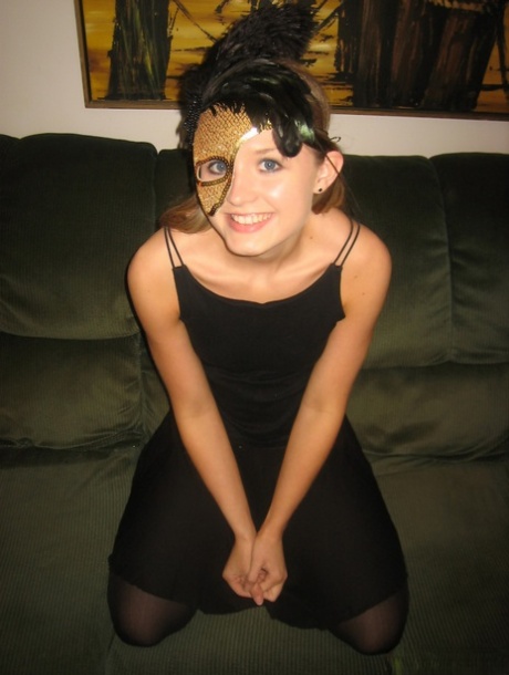 First Timer Wears A Masquerade Mask While Getting Naked In Black Stockings