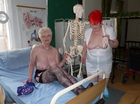 In the company of a busty older lady, Valgasmic Exposed, an exposed nurse, plays with what appears to be a skeleton.