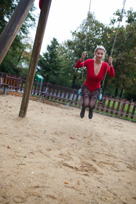 Blonde amateur Katerina Hartlova loses her knockers at a playground.