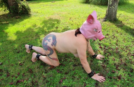 A disdainful Mary Bitch, who is an active amateur, flaunts a pig's head, clamps, and a strapon on a lawn.