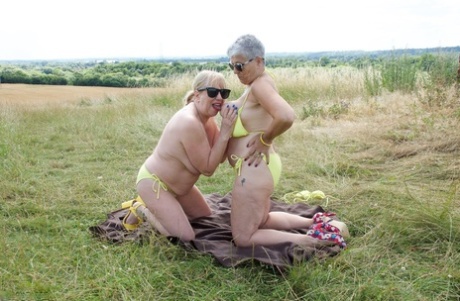 Aged Lesbians Have Sexual Relations On A Blanket In A Field In Sunglasses