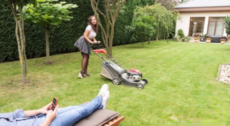 Beautiful teen Sofia Lee mows the lawn in FF nylons before having sex