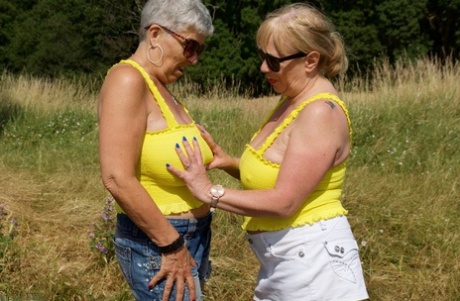 Old Lesbians Bare Their Butts And Twats In A Field While Wearing Sunglasses