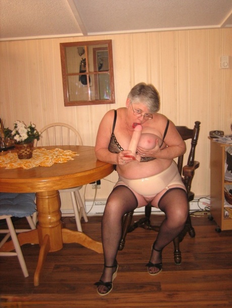 Big Titted Overweight Granny Girdle Goddess Dildos Her Beaver Over A Table