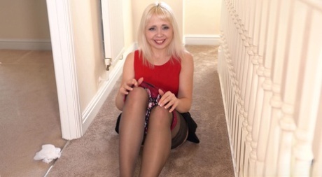 Blonde solo girl takes off her underwear during upskirt action
