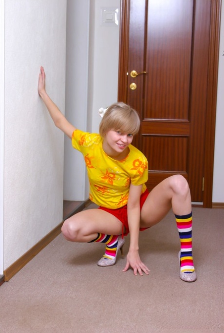 18 Year Old With Short Hair Gets Naked In Striped Socks And Heels