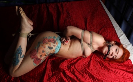 With a horse biting on it, a tattooed redhead is restrained on a bed with rope.