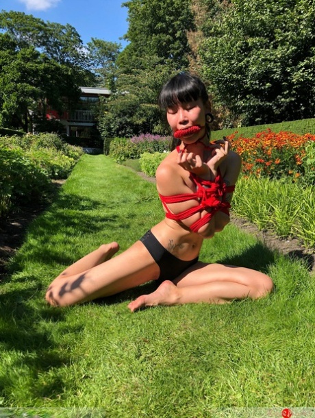 Asian Girl Flawless Meow Is Tied Up With Rope On A Lawn While Gagged