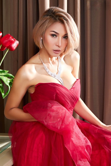 Pricilla, an Asian beauty, exposes her unclothed buttocks while wearing a glamorous gown.