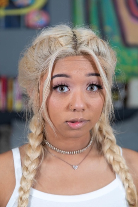 Ebony Chick Sports Braided Blonde Hair During Close-up POV Action