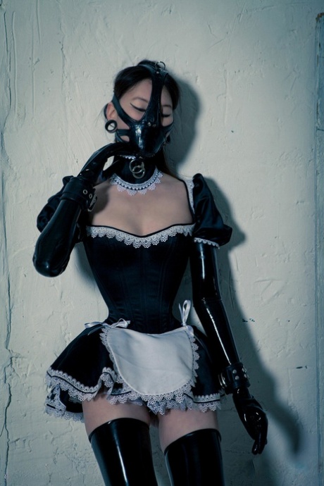 For a single photo, A Korean model is seen wearing an unsuitable rubber maid suit while posing for a picture.