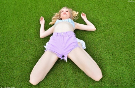 Skinny Blonde Hailee Displays Her Flexibility Before Masturbating In A Yard