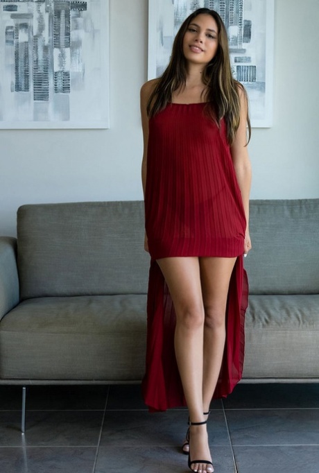 Latina Teen Baby Nicols Slips Off A Long Red Dress While Getting Totally Naked