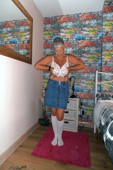 Graciel hair: In the bedroom, silver-haired granny Savana wears her striptease down to white knee socks.