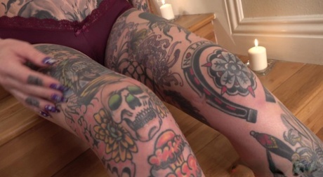 Heavily Tattooed Girl Michelle Masque Poses In Her Underthings On Stairs