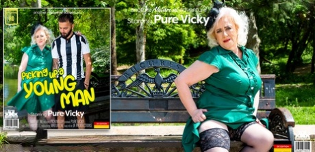 During sex, Pure Vicky, a platinum blonde, had sexual relations with a younger man in tights.