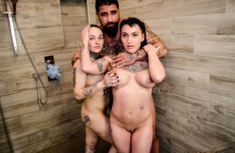 Tattooed Girls Lisa Marie Johnson & Tess X Kiss Their Man Friend In The Shower